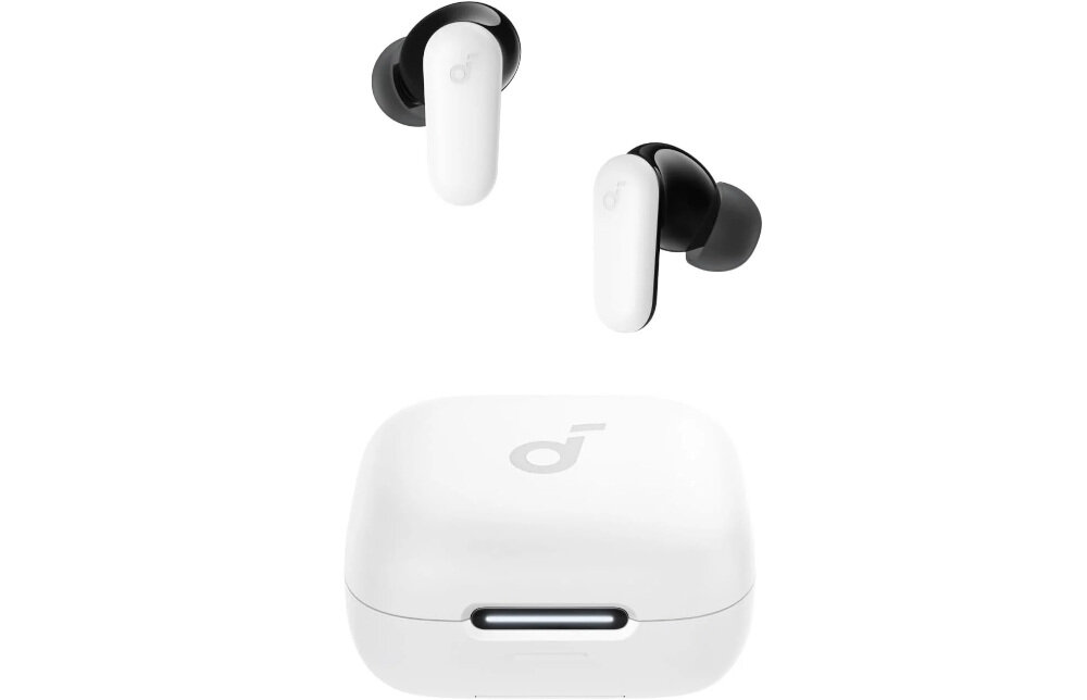 Na obrazie widoczne są białe słuchawki dokanałowe z czarnymi elementami oraz białe etui z logo producenta. Etui ma prostokątny kształt z zaokrąglonymi krawędziami i widocznym wskaźnikiem LED.