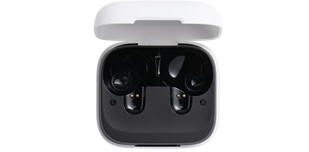 Obraz przedstawia otwarte etui z czarnymi słuchawkami dokanałowymi w środku. Na etui widoczne są oznaczenia \'L\' i \'R\'.