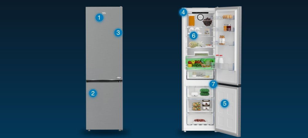 Obraz przedstawia lodówkę w kolorze inox z otwartymi drzwiami, ukazującą wnętrze z półkami i produktami spożywczymi. Na zamkniętej lodówce widoczne są oznaczenia numeryczne, a na otwartej półki z różnymi produktami, w tym warzywami i napojami.