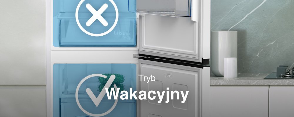 Obraz przedstawia otwartą lodówkę z dwoma szufladami oznaczonymi symbolami X i V. Na środku widoczny jest napis \'Tryb Wakacyjny\'.