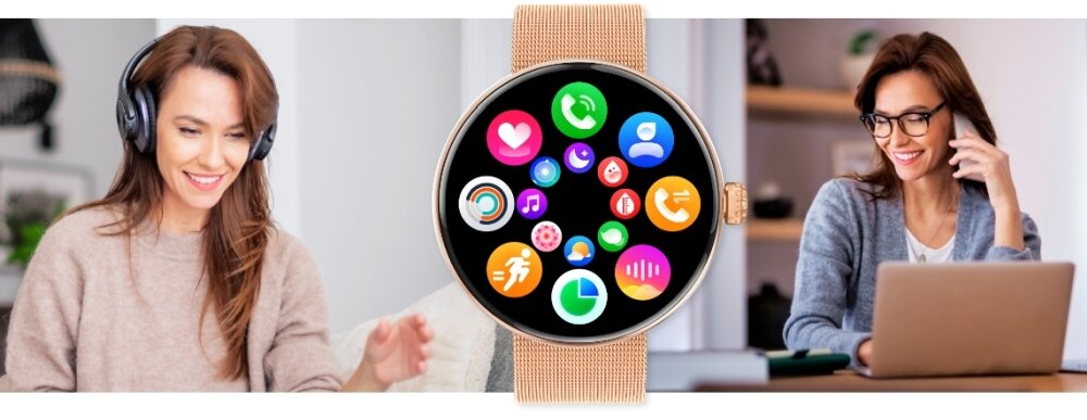 Obraz przedstawia smartwatch z okrągłym wyświetlaczem, na którym widoczne są kolorowe ikony aplikacji. Po bokach zegarka znajdują się dwie osoby, jedna z nich nosi słuchawki, a druga rozmawia przez telefon przy laptopie.