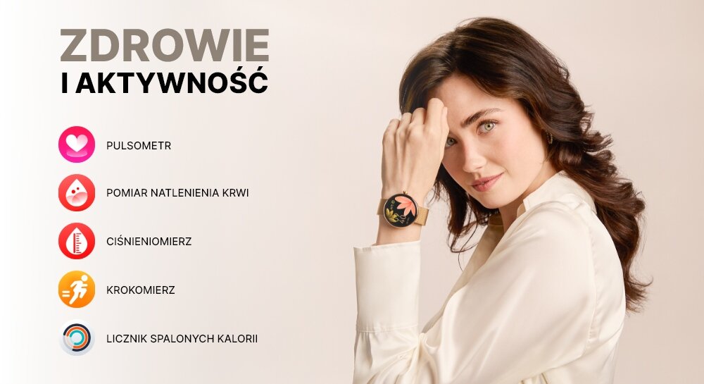 Osoba w białej koszuli prezentuje smartwatch na nadgarstku. Po lewej stronie widnieje tekst: \'ZDROWIE I AKTYWNOŚĆ\', a poniżej ikony z napisami: \'PULSOMETR\', \'POMIAR NATLENIENIA KRWI\', \'CIŚNIENIOMIERZ\', \'KROKOMIERZ\', \'LICZNIK SPALONYCH KALORII\'.