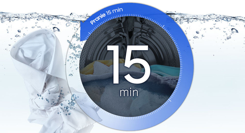 Obraz przedstawia pralkę z widocznym bębnem, otoczoną wodą i bąbelkami. Na środku znajduje się napis \'15 min\', a na górze \'pranie 15 min\'.