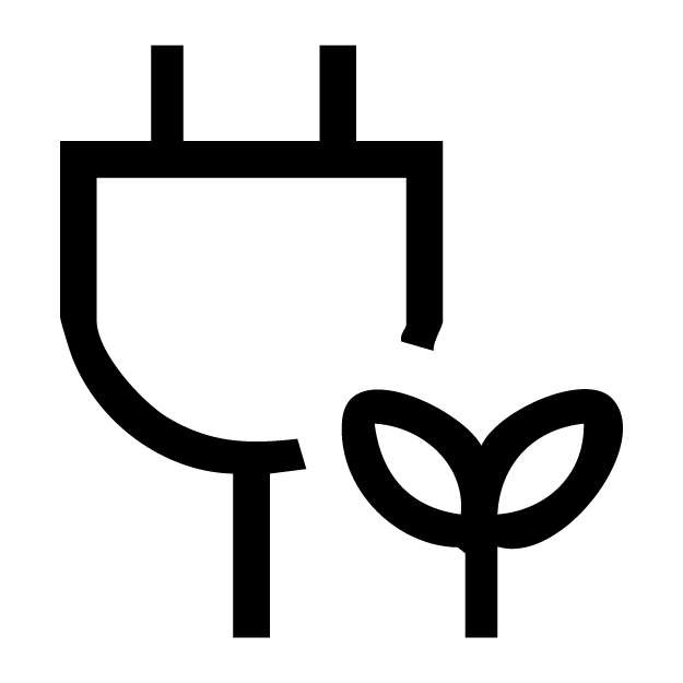 Czarny symbol przedstawiający wtyczkę elektryczną z dwoma liśćmi, sugerujący ekologiczną energię.