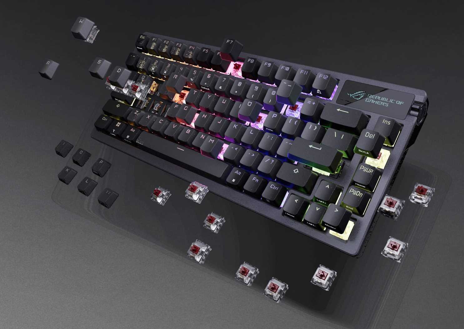 Klawiatura mechaniczna z podświetleniem RGB, z unoszącymi się klawiszami i widocznymi przełącznikami. Logo \'Republic of Gamers\' znajduje się w prawym górnym rogu.