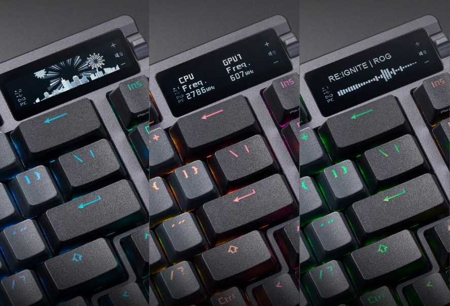 Na zdjęciu widoczna jest klawiatura z podświetlanymi klawiszami i małym wyświetlaczem. Wyświetlacz pokazuje różne informacje, takie jak animacja fajerwerków, dane CPU i GPU oraz napis \'RE:IGNITE | ROG\'.