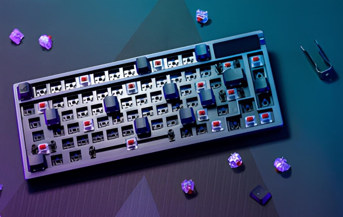 Obraz przedstawia klawiaturę mechaniczną bez klawiszy, z widocznymi czerwonymi przełącznikami. Wokół klawiatury leżą pojedyncze klawisze i narzędzie do ich zdejmowania.