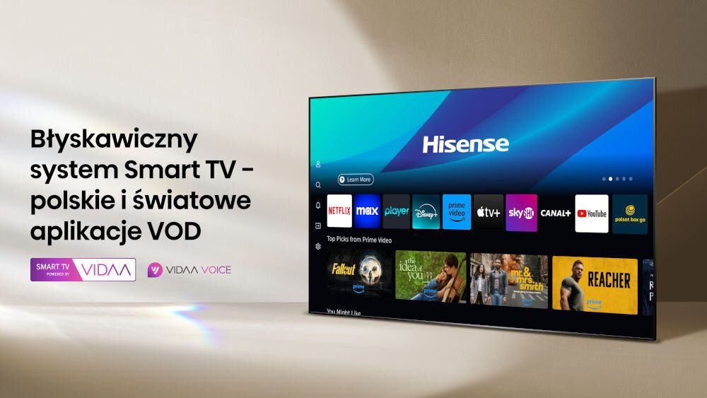 Telewizor HISENSE 43E79Q 43 QLED 4K VIDAA Dolby Atmos Dolby Vision HDMI 2.1 błyskawiczny system smart tv polskie i światowe aplikacja vod aplikacje netlix disney+ amazon prime