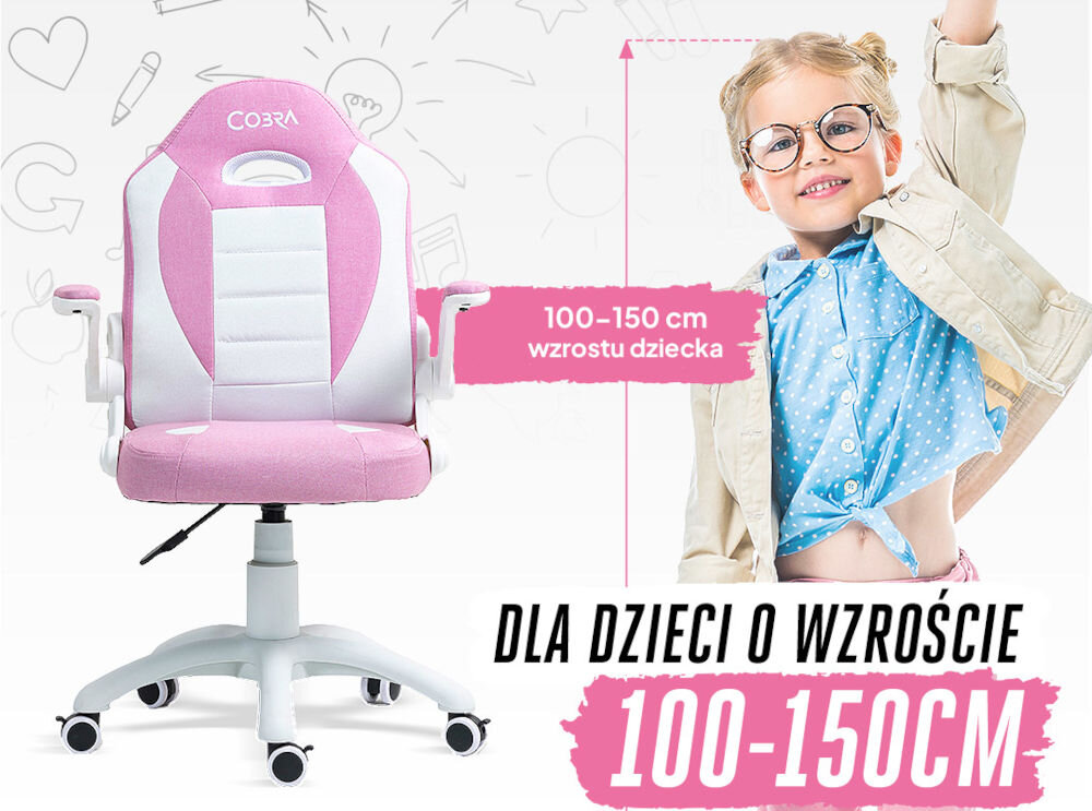 Fotel COBRA Junior Pro CRF2304 7.1T Różowo-biały Dziewczynka mierząca swój wzrost obok fotela gamingowego Cobra Junior PRO, z informacją '100-150 cm wzrostu dziecka' oraz napisem 'Dla dzieci o wzroście 100-150cm' wsparcie wygody dziecka regulacja wysokości siedziska zakres fotel rośnie z dzieckiem dopasowanie do wzrostu