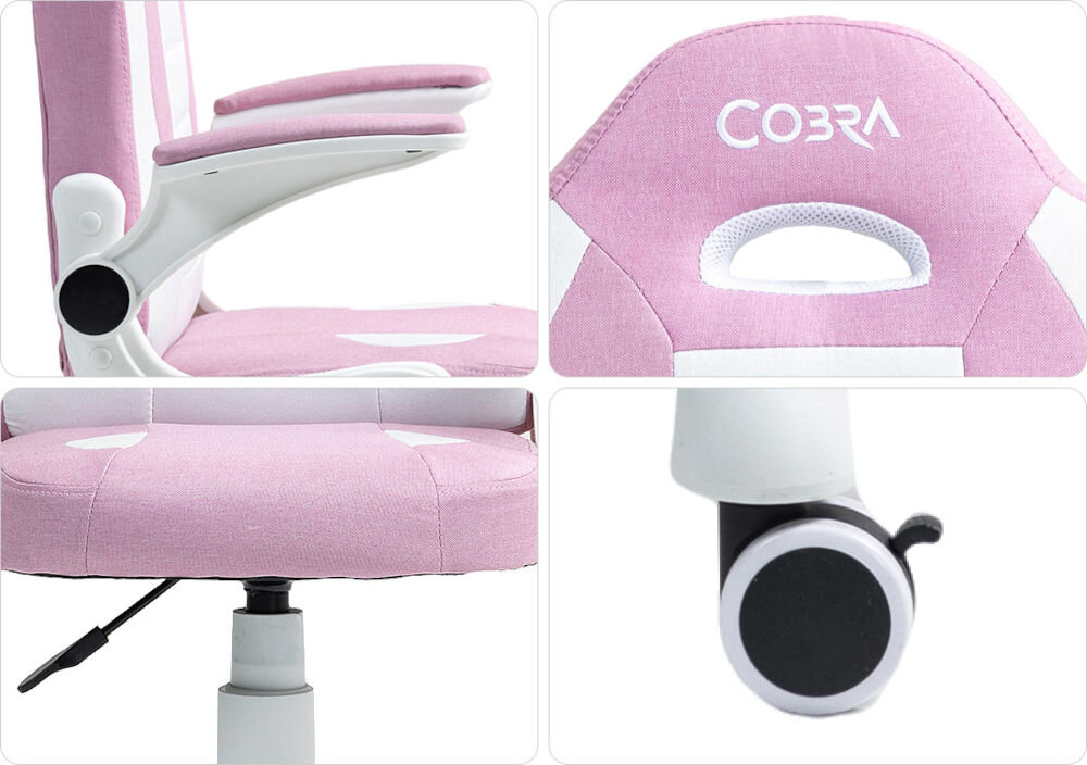 Fotel COBRA Junior Pro CRF2304 7.1T Różowo-biały Kolaż czterech zdjęć: podłokietnik fotela gamingowego Cobra Junior (góra-lewo), logo Cobra na zagłówku (góra-prawo), element sterujący pod siedziskiem (dół-lewo) oraz plastikowe kółko (dół-prawo) niska waga krok do samodzielności dziecka plastikowe kółka płynne poruszanie się szybka zmiana pozycji