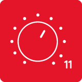 Czerwona ikona z białym symbolem pokrętła i liczbą 11 w prawym dolnym rogu.