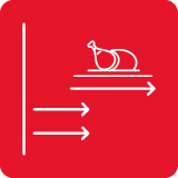 Czerwony kwadrat z białą ikoną przedstawiającą kawałek mięsa na tacy oraz trzy strzałki skierowane w prawo.