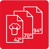 Czerwony kwadrat z trzema białymi ikonami dokumentów, na których widnieją symbole: czapka kucharska z liczbą 42, liczba 70 oraz liczba 94 z symbolem stopnia.