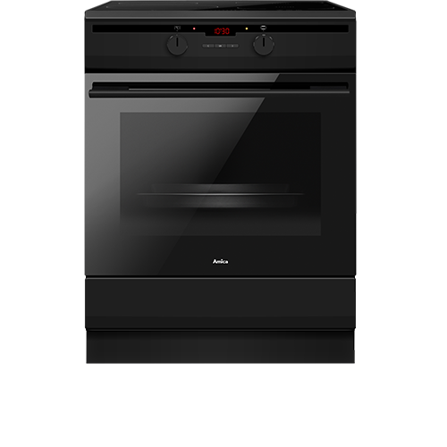 Czarna kuchnia wolnostojąca z płytą indukcyjną i piekarnikiem. Na froncie widoczny jest wyświetlacz elektroniczny oraz logo Amica.