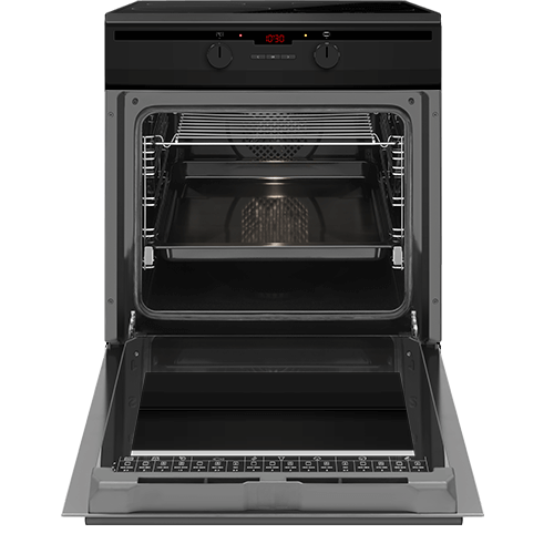 Otwarty piekarnik z widocznymi dwoma półkami i wyświetlaczem elektronicznym pokazującym \'0:30\'. Panel sterowania posiada dwa pokrętła.