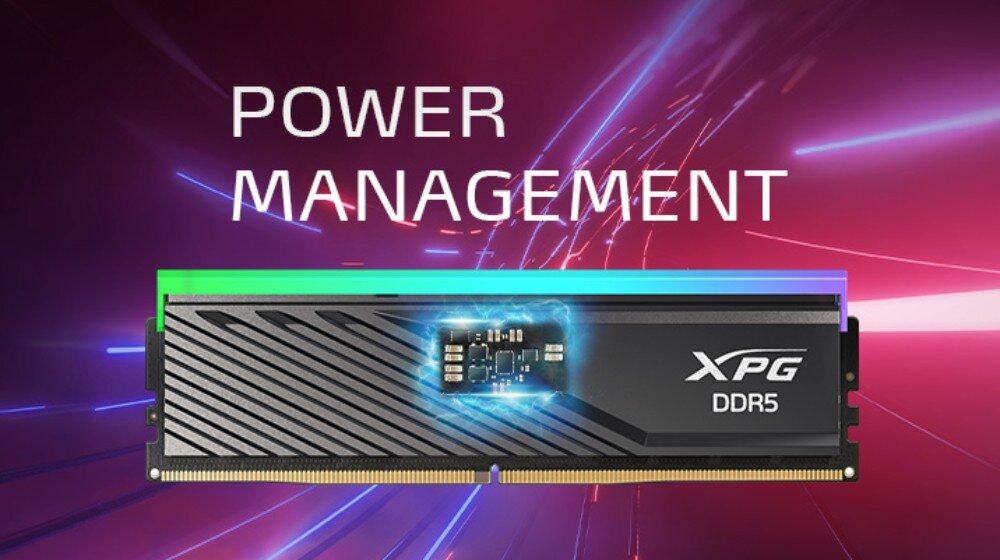 Pamięć RAM ADATA XPG Lancer Blade RGB Moduł pamięci DDR5 z czarnym radiatorem i kolorowym paskiem RGB na górze, z widocznym układem PMIC i napisem 'Power Management' na fioletowym tle