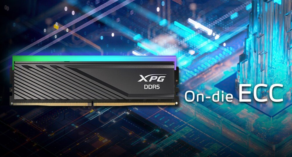 Pamięć RAM ADATA XPG Lancer Blade RGB Zbliżenie modułu pamięci DDR5 z czarnym radiatorem z ukośnymi liniami, z napisem 'On-die ECC' i grafiką przedstawiającą mikrochipy w tle