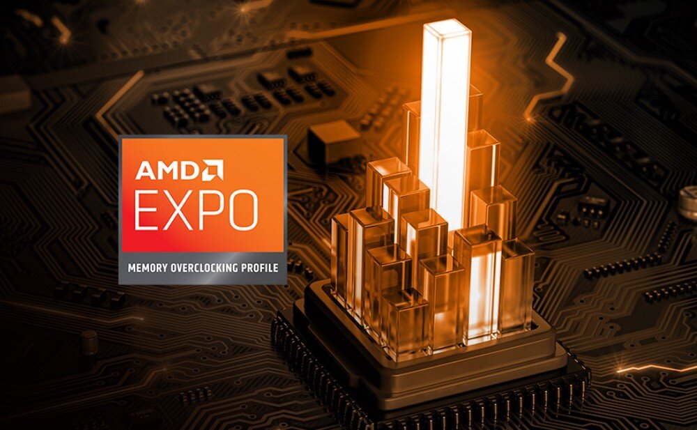 Pamięć RAM ADATA XPG Lancer Blade RGB Grafika przedstawiająca złoty procesor z logotypem AMD EXPO i napisem 'Memory Overclocking Profile' na niebieskim tle