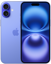 Smartfon w kolorze niebieskim z dwoma aparatami z tyłu i wyświetlaczem pokazującym abstrakcyjny wzór w odcieniach niebieskiego. Na obudowie widoczne jest logo w kształcie nadgryzionego jabłka.