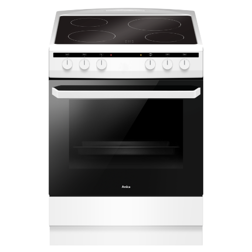 Kuchnia wolnostojąca z czterema pokrętłami i płytą grzewczą z czterema polami. Na froncie widoczne jest logo Amica.