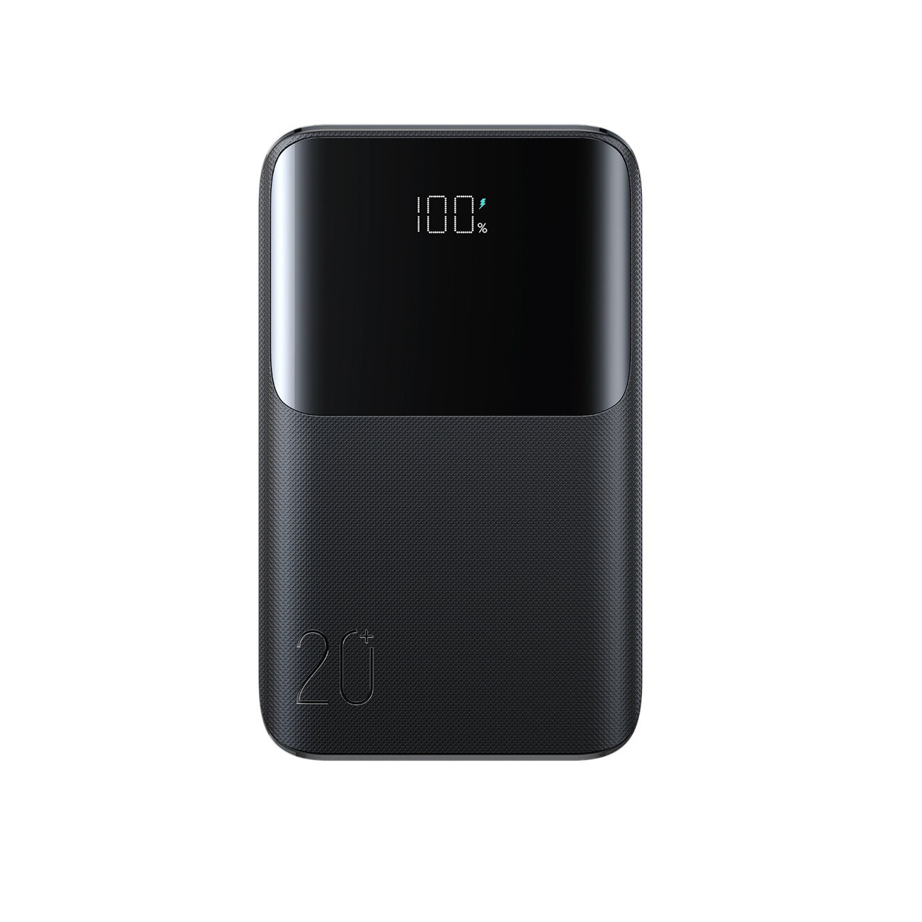 Czarny powerbank z wyświetlaczem pokazującym \'100%\'. Na obudowie widoczny jest napis \'20+\'.