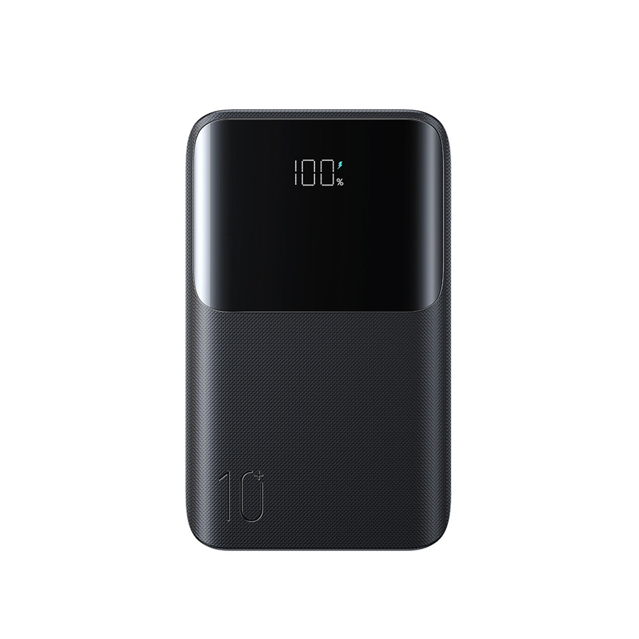 Czarny powerbank z wyświetlaczem LED pokazującym \'100%\'. Na obudowie widoczny jest napis \'10+\'.