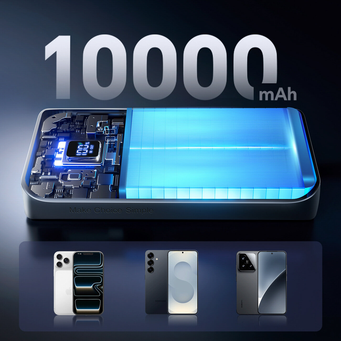 Obraz przedstawia powerbank z widocznym wnętrzem i podświetleniem LED, z napisem \'10000 mAh\' nad nim. Poniżej znajdują się cztery smartfony, a na obudowie powerbanka widnieje napis \'Make Choice Simple\'.