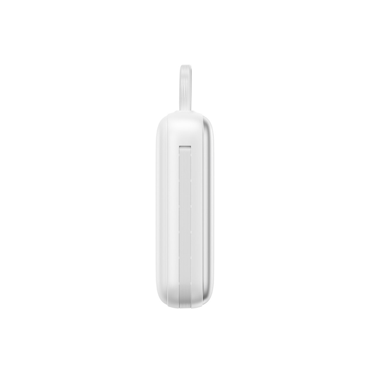 Biały powerbank o prostokątnym kształcie z zaokrąglonymi krawędziami, widoczny z boku. Na górze znajduje się uchwyt do przenoszenia.