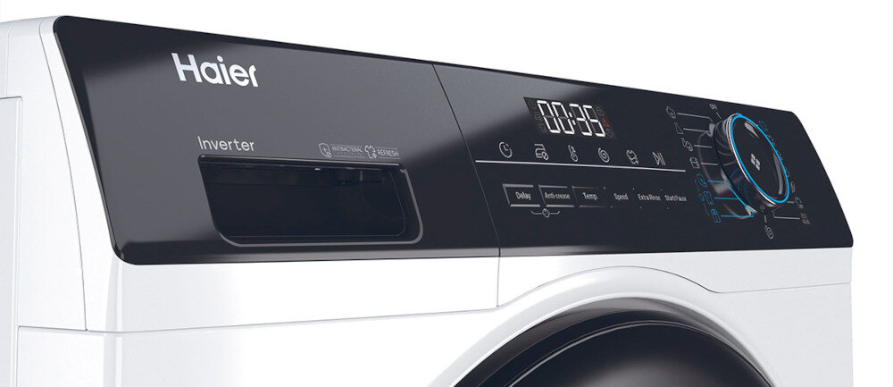 Pralka z widocznym panelem sterowania, na którym znajduje się logo \'Haier\', wyświetlacz cyfrowy pokazujący \'0:35\', oraz pokrętło z różnymi ustawieniami. Obok logo widoczny jest napis \'Inverter\'.