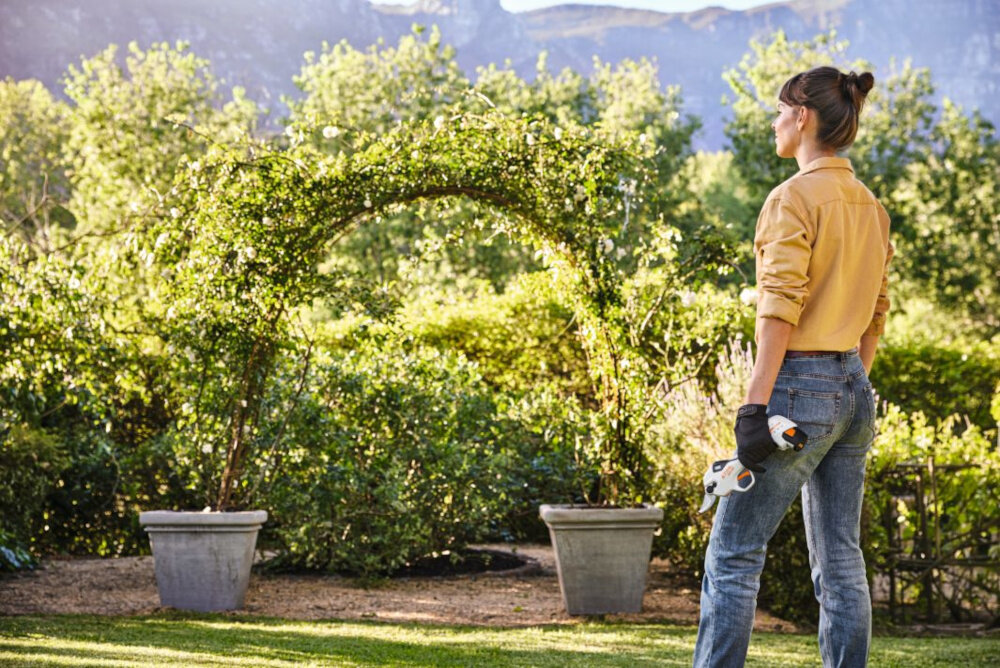 Sekator akumulatorowy STIHL ASA 20 ogród osoba stoi na trawniku z sekatorem w dłoni patrzy na krzewy lekka konstrukcja (0,8 kg) ergonomiczny uchwyt Softgrip komfort i pewny chwyt długość całkowita około 324 mm wygodna praca nawet w trudniej dostępnych miejscach dobrze wyważone urządzenie