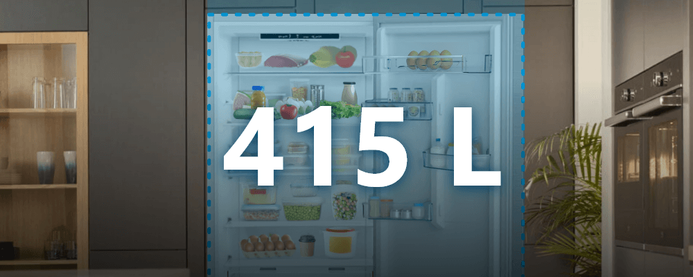 LODÓWKA BEKO B3RCNA415HXB1 Widać otwartą lodówkę w nowoczesnej kuchni, a na jej tle duży napis „415 L”. Podkreśla to dużą pojemność chłodziarki duża pojemność 415l przestronne wnętrze przechowywanie zakupów wygoda organizacja żywności