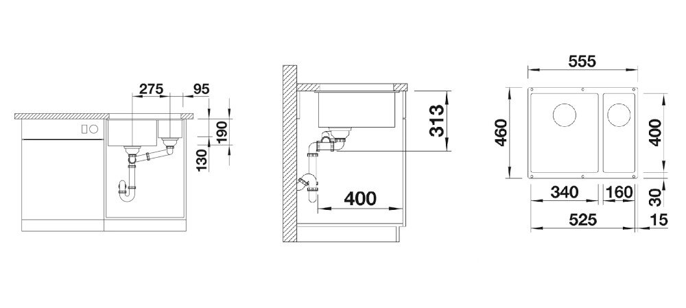 ZLEWOZMYWAK BLANCO Subline 340/160-U 523565 wymiary Głębokość szerokość komora szerokość podbudowy Odpływ zawór