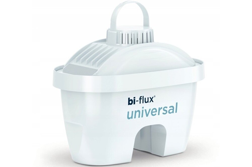 Biały wkład filtrujący z uchwytem, oznaczony napisem \'bi-flux universal\'.