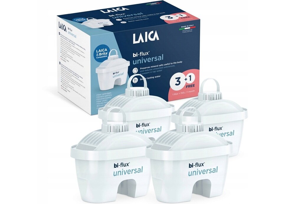 Na obrazie widoczny jest zestaw czterech białych wkładów filtrujących z napisem \'bi-flux universal\'. W tle znajduje się pudełko z logo \'LAICA\' oraz informacją \'3 + 1 FREE\'.