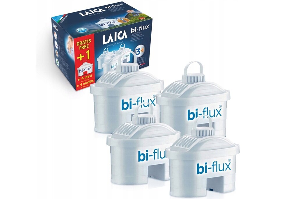 Na obrazie widoczne są cztery białe wkłady filtrujące z napisem \'bi-flux\'. W tle znajduje się pudełko z logo \'LAICA\' oraz informacją \'GRATIS FREE +1\'.