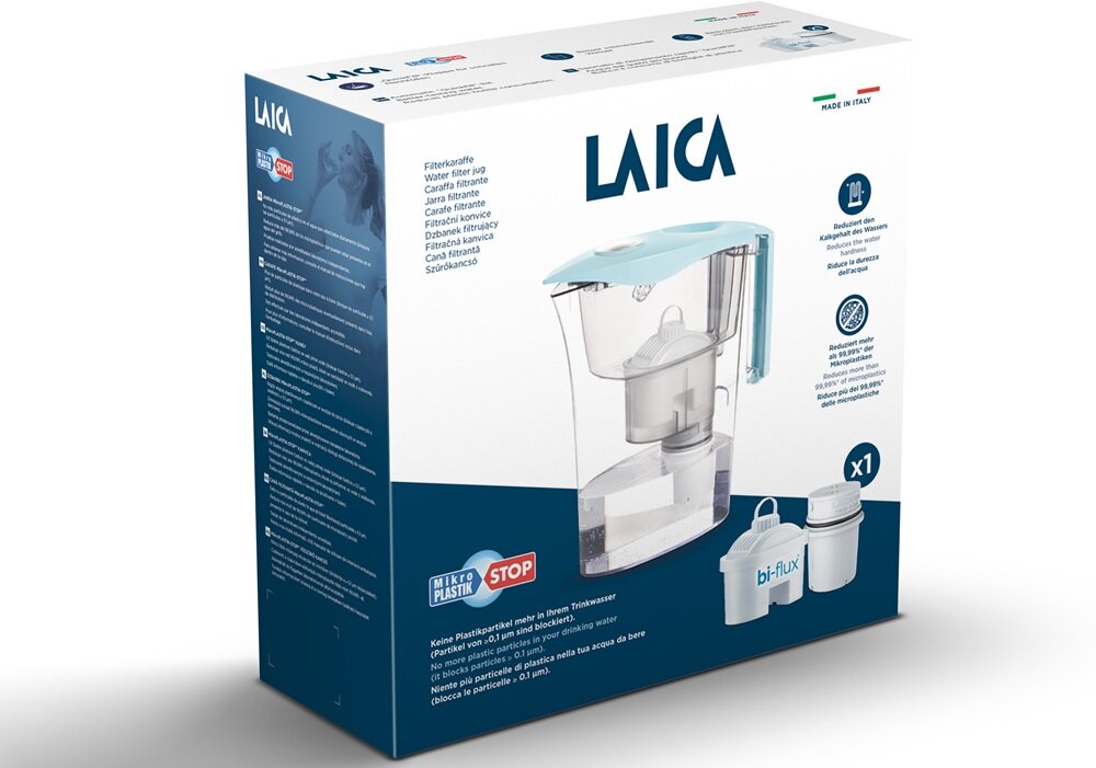 Opakowanie dzbanka filtrującego LAICA z filtrem Mikroplastik-stop w kolorze niebieskim. Widoczne są zdjęcia produktu oraz logo LAICA i oznaczenie \'Made in Italy\'.