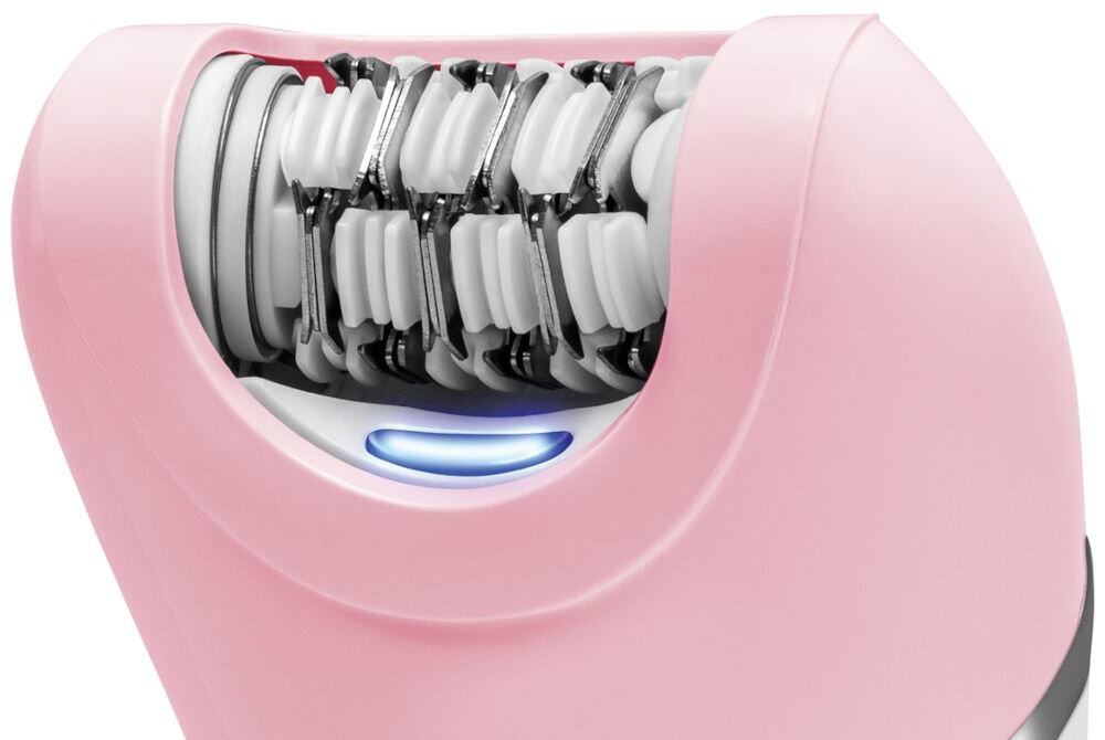 Różowy depilator z widocznymi białymi i metalowymi elementami głowicy oraz niebieskim podświetleniem.