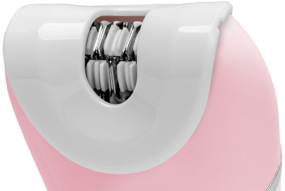 Na obrazie widoczny jest różowy depilator z białą głowicą, wyposażony w kilka rzędów obracających się dysków. Urządzenie ma zaokrąglony kształt i błyszczącą powierzchnię.