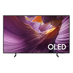 250x250-s85f-png 2 Telewizor z wyświetlaczem OLED pokazujący kolorowy, abstrakcyjny obraz w odcieniach fioletu i pomarańczu. Na ekranie widoczny jest napis \'OLED\'.