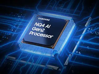 320x240-nq4-ai-gen2-processor Obraz przedstawia procesor z napisem \'SAMSUNG NQ4 AI Gen2 Processor\' otoczony niebieskimi liniami przypominającymi obwody elektroniczne.