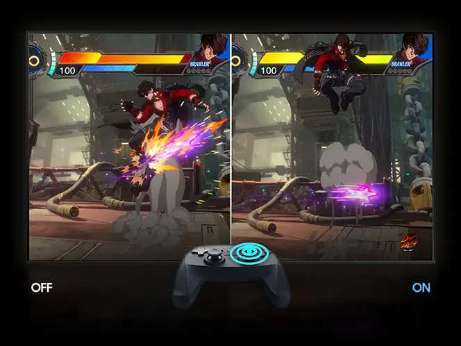 Obraz przedstawia porównanie dwóch ekranów gry wideo z postacią w czerwonej kurtce wykonującą skok. Na dole widoczny jest kontroler z podświetlonym przyciskiem oraz napisy \'OFF\' i \'ON\'.