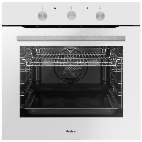 Biały piekarnik elektryczny z trzema pokrętłami na panelu sterowania i logo Amica na dole. Wnętrze piekarnika wyposażone jest w metalowy ruszt i blachę do pieczenia.