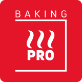 Czerwony kwadratowy znak z białym napisem \'BAKING PRO\' oraz trzema falistymi liniami symbolizującymi ciepło.
