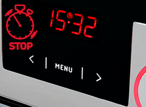 Panel sterowania piekarnika z wyświetlaczem pokazującym godzinę 15:32 oraz przyciskami nawigacyjnymi i napisem \'MENU\'. Po lewej stronie widoczna jest ikona stopera z napisem \'STOP\'.