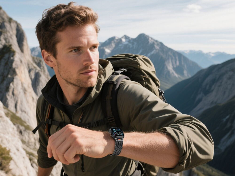 Pasek TECH-PROTECT Milano Vanguard do Apple Watch do koperty 44-45-46-49 mm Czarny góry osoba idzie po górach na nadgarstku ma zegarek na bransolecie elegancka kompatybilna wygodna wysoka jakość