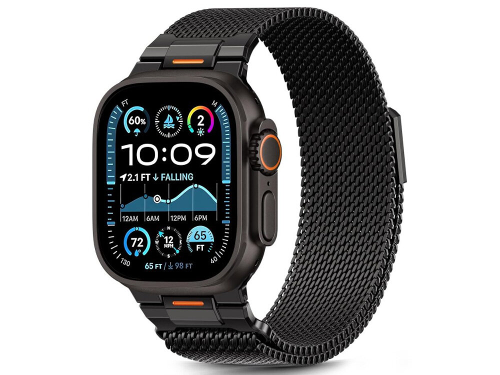Pasek TECH-PROTECT Milano Vanguard do Apple Watch do koperty 44-45-46-49 mm Czarny bransoleta z tarczą zegarka na białym tle widoczna od przodu pod skosem elegancka bransoleta mediolańska dla użytkowników Apple Watch precyzyjnie tkana siatka ze stali nierdzewnej 
