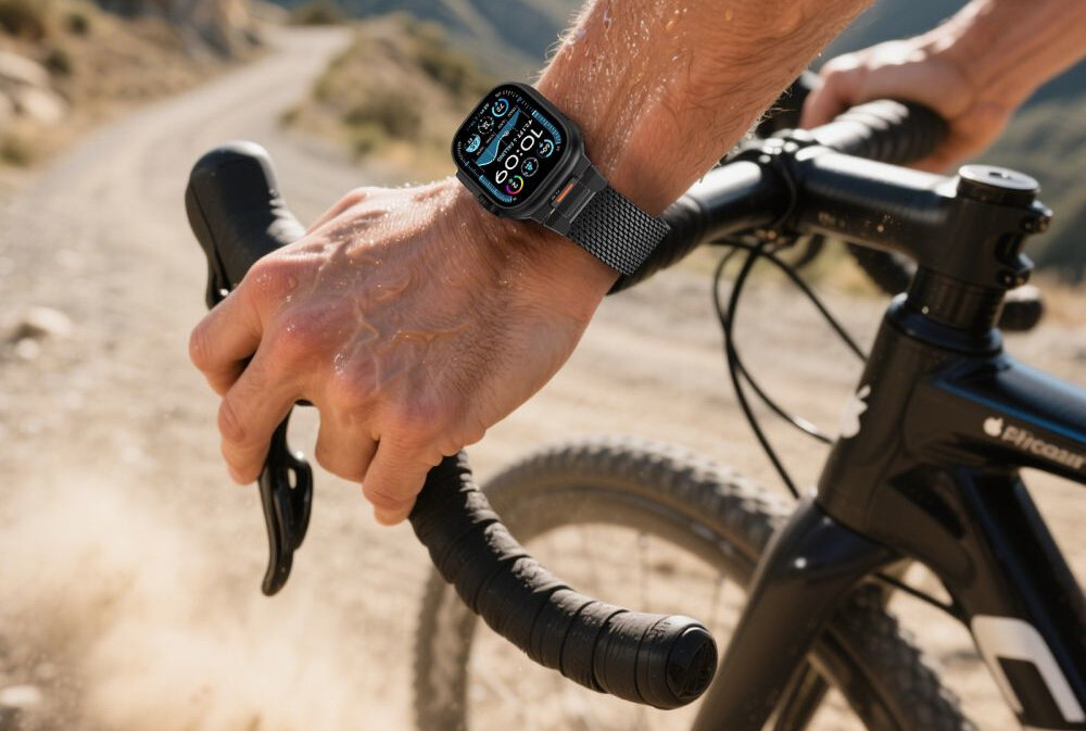 Pasek TECH-PROTECT Milano Vanguard do Apple Watch do koperty 44-45-46-49 mm Czarny osoba jedzie na rowerze opiera dłonie na kierownicy na nadgarstku ma zegarek na bransolecie z wysokiej jakości stali nierdzewnej uformowanej w charakterystyczną siatkę mediolańską gładka jednorodna powierzchnia stal nie rdzewieje, nie traci połysku i zachowuje swój wygląd przez długi czas czarny kolor matowe wykończenie