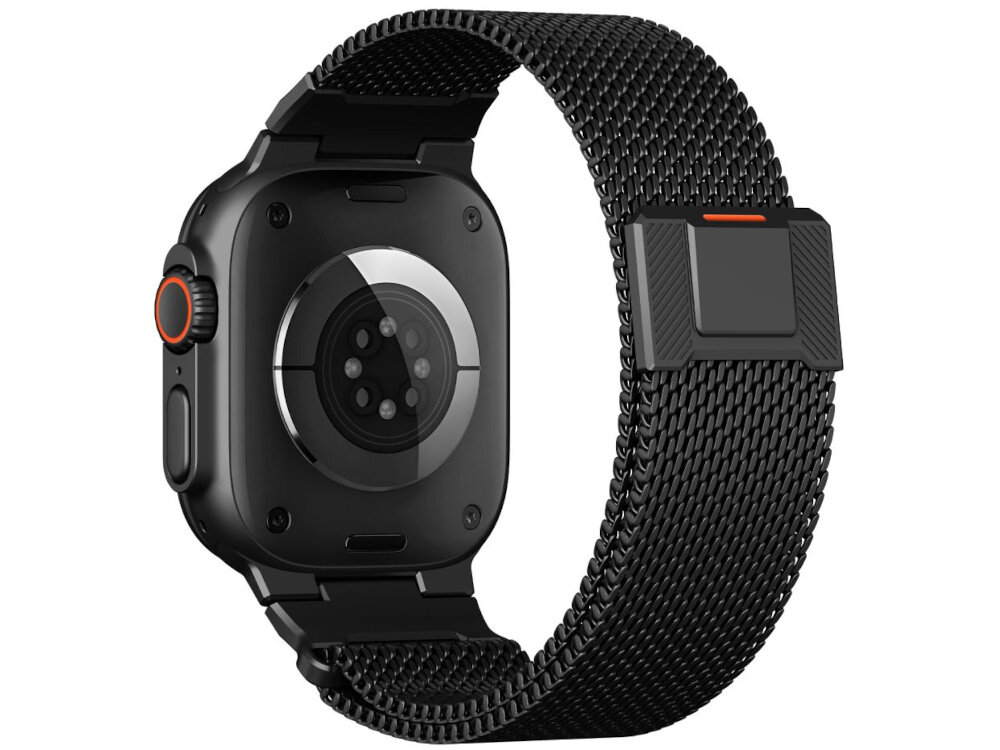 Pasek TECH-PROTECT Milano Vanguard do Apple Watch do koperty 44-45-46-49 mm Czarny bransoleta z tarczą zegarka na białym tle widoczna od tyłu pod skosem magnetyczne zapięcie pewne trzymanie paska bezstopniowa regulacja długości