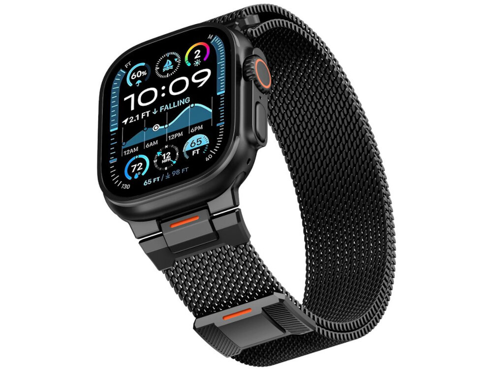 Pasek TECH-PROTECT Milano Vanguard do Apple Watch do koperty 44-45-46-49 mm Czarny bransoleta z tarczą zegarka na białym tle widoczna od przodu pod skosem kompatybilność z Apple Watch 44 45 46 49 mm standardowy system szybkiego zatrzasku