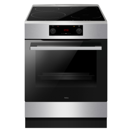 Nowoczesna kuchnia wolnostojąca z płytą indukcyjną i piekarnikiem, wykończona w kolorze srebrnym i czarnym. Na panelu sterowania widoczny jest wyświetlacz z godziną 10:30 oraz dwa pokrętła.